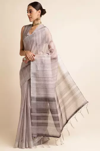 Doi Moi Blue Linen Digital Print Saree For Women (Purelinen Dust P77)
