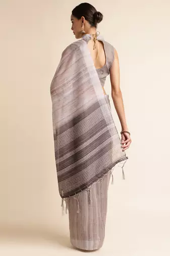 Doi Moi Blue Linen Digital Print Saree For Women (Purelinen Dust P77)