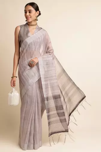 Doi Moi Blue Linen Digital Print Saree For Women (Purelinen Dust P77)