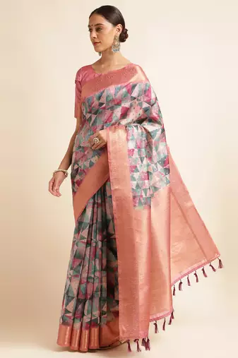 Doi Moi Purple Tussar Silk Printed Saree For Women (Tussarsilk Purple R2611/P730)