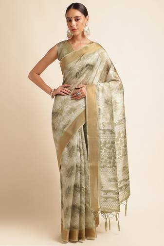 Doi Moi Green Silk Blend Printed Saree For Women Kajalsilk Green P714  