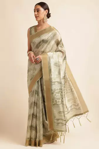 Doi Moi Green Silk Blend Printed Saree For Women Kajalsilk Green P714  
