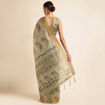 Doi Moi Green Silk Blend Printed Saree For Women Kajalsilk Green P714   3