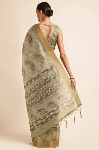 Doi Moi Green Silk Blend Printed Saree For Women Kajalsilk Green P714  