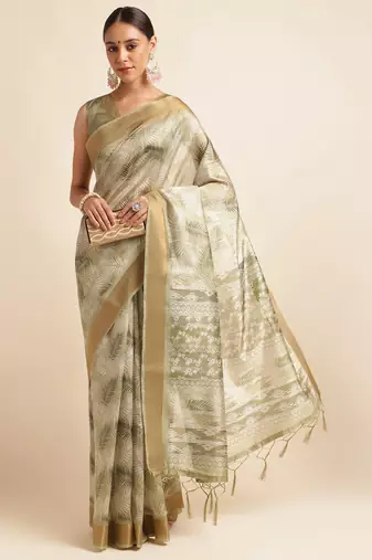 Doi Moi Green Silk Blend Printed Saree For Women Kajalsilk Green P714  