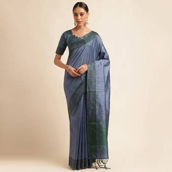 Doi Moi Blue Tussar Silk Printed Saree For Women (Finetussar Tealgreen D666) 1