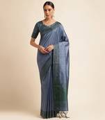 Doi Moi Blue Tussar Silk Printed Saree For Women (Finetussar Tealgreen D666)
