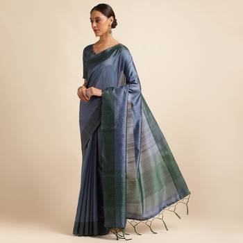 Doi Moi Blue Tussar Silk Printed Saree For Women (Finetussar Tealgreen D666) 2