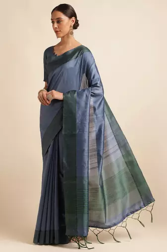 Doi Moi Blue Tussar Silk Printed Saree For Women (Finetussar Tealgreen D666)