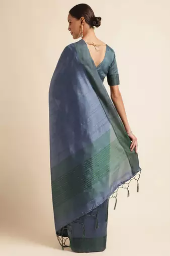 Doi Moi Blue Tussar Silk Printed Saree For Women (Finetussar Tealgreen D666)