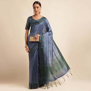 Doi Moi Blue Tussar Silk Printed Saree For Women (Finetussar Tealgreen D666) 4
