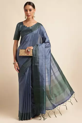 Doi Moi Blue Tussar Silk Printed Saree For Women (Finetussar Tealgreen D666)