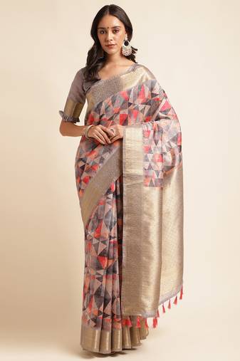 Doi Moi Orange Tussar Silk Printed Saree For Women (Tussarsilk Orange R2611/P730)