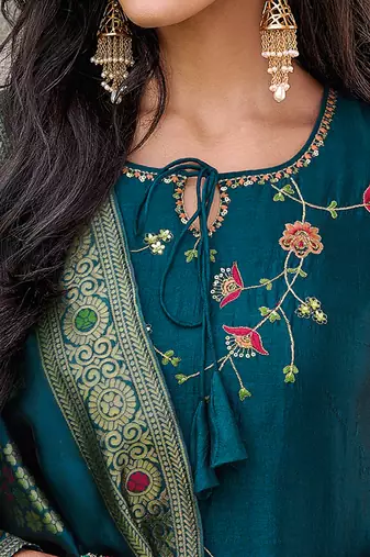  women kurta and trouser duppata set silk blend