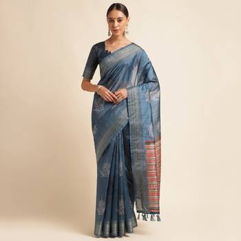 Doi Moi Blue Silk Blend Printed Saree For Women Bonga Blue D621/P777   1