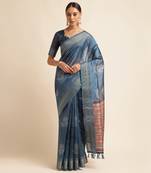 Doi Moi Blue Silk Blend Printed Saree For Women Bonga Blue D621/P777  