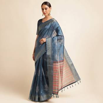Doi Moi Blue Silk Blend Printed Saree For Women Bonga Blue D621/P777   2