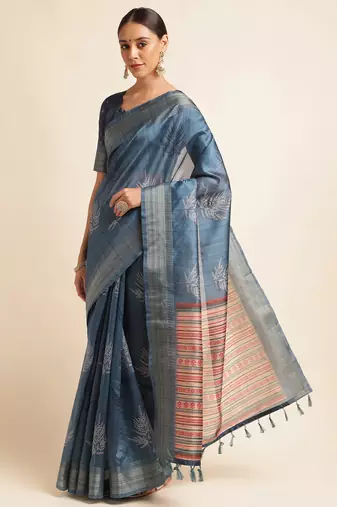Doi Moi Blue Silk Blend Printed Saree For Women Bonga Blue D621/P777  