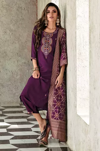  women kurta and trouser duppata set silk blend