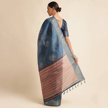 Doi Moi Blue Silk Blend Printed Saree For Women Bonga Blue D621/P777   3