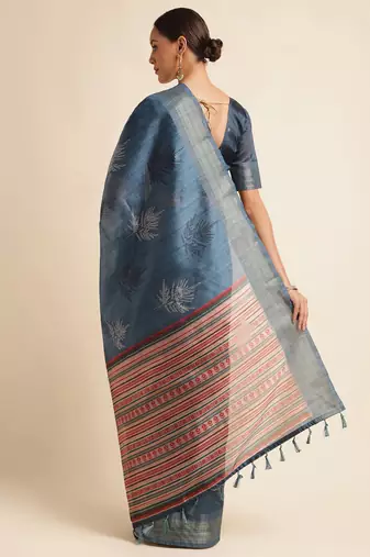 Doi Moi Blue Silk Blend Printed Saree For Women Bonga Blue D621/P777  
