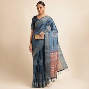 Doi Moi Blue Silk Blend Printed Saree For Women Bonga Blue D621/P777   4