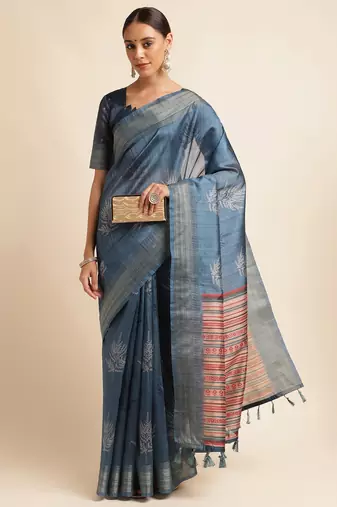Doi Moi Blue Silk Blend Printed Saree For Women Bonga Blue D621/P777  