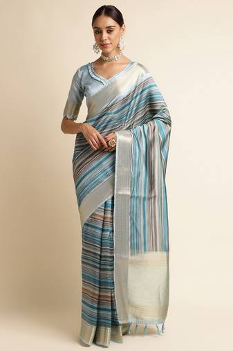 Doi Moi Blue Silk Blend Printed Saree For Women Upadasilk Blue R2642/P773  