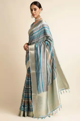 Doi Moi Blue Silk Blend Printed Saree For Women Upadasilk Blue R2642/P773  