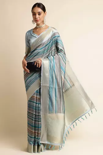 Doi Moi Blue Silk Blend Printed Saree For Women Upadasilk Blue R2642/P773  