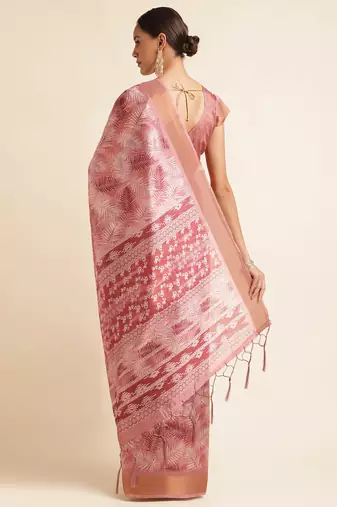 Doi Moi Pink Organza Printed Saree For Women (Kajalsilk Pink P714)