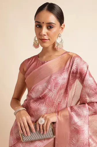 Doi Moi Pink Organza Printed Saree For Women (Kajalsilk Pink P714)