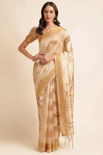 Doi Moi Mustard Organza Printed Saree For Women (Kajalsilk Mustard P714)