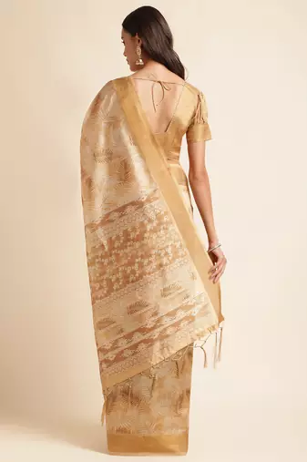 Doi Moi Mustard Organza Printed Saree For Women (Kajalsilk Mustard P714)
