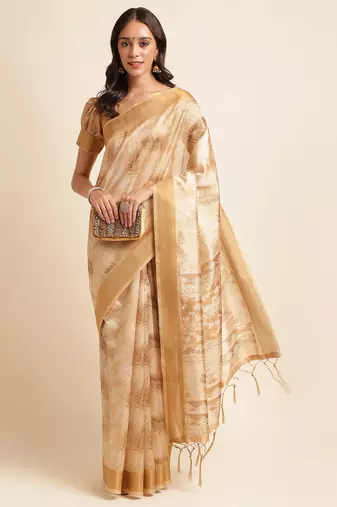 Doi Moi Mustard Organza Printed Saree For Women (Kajalsilk Mustard P714)