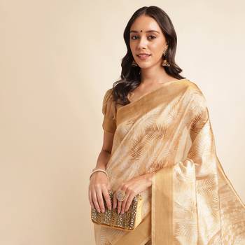 Doi Moi Mustard Organza Printed Saree For Women (Kajalsilk Mustard P714) 4