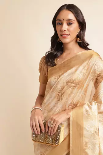 Doi Moi Mustard Organza Printed Saree For Women (Kajalsilk Mustard P714)