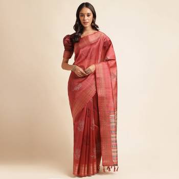 Doi Moi Red Silk Blend Printed Saree For Women Bonga Wine D621/P777   1