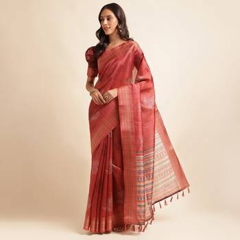 Doi Moi Red Silk Blend Printed Saree For Women Bonga Wine D621/P777   2