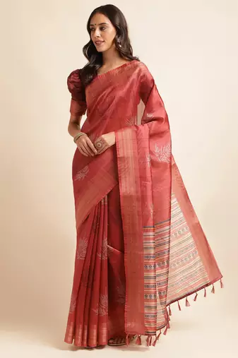 Doi Moi Red Silk Blend Printed Saree For Women Bonga Wine D621/P777  