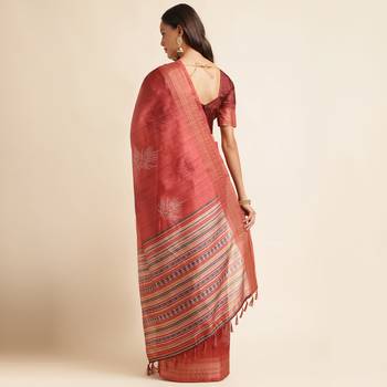 Doi Moi Red Silk Blend Printed Saree For Women Bonga Wine D621/P777   3