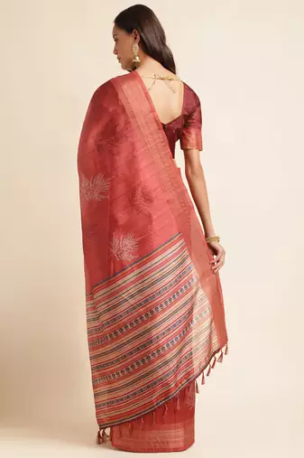 Doi Moi Red Silk Blend Printed Saree For Women Bonga Wine D621/P777  