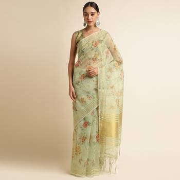 Doi Moi Green Linen Printed Saree For Women (Koralinen Green P567) 1