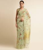 Doi Moi Green Linen Printed Saree For Women (Koralinen Green P567)