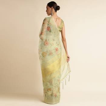 Doi Moi Green Linen Printed Saree For Women (Koralinen Green P567) 2