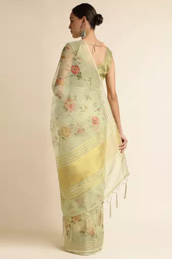 Doi Moi Green Linen Printed Saree For Women (Koralinen Green P567)
