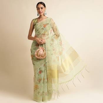 Doi Moi Green Linen Printed Saree For Women (Koralinen Green P567) 3