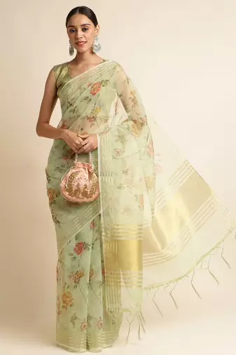 Doi Moi Green Linen Printed Saree For Women (Koralinen Green P567)