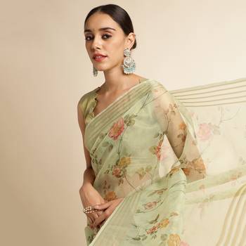 Doi Moi Green Linen Printed Saree For Women (Koralinen Green P567) 4