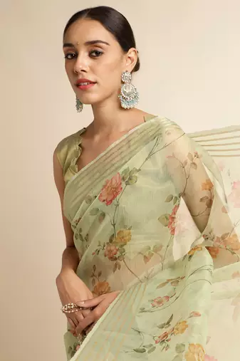 Doi Moi Green Linen Printed Saree For Women (Koralinen Green P567)